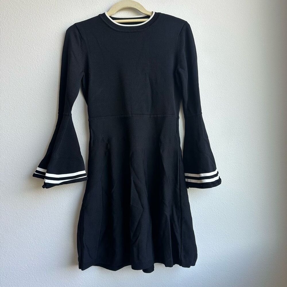 Eliza J Black White Stripe Trim Bell Sleeve Fit & Flare Dress Size Small - Picture 2 of 7